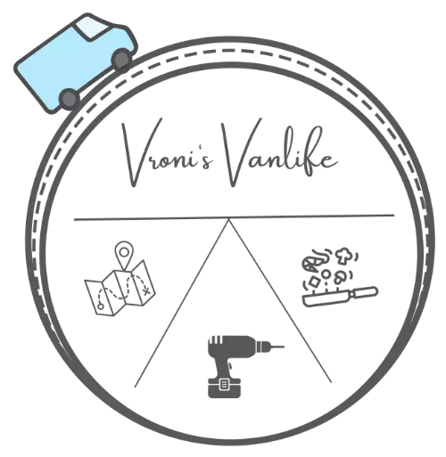 Logo von Vroni's Vanlife - Kreis als Strasse dargestellt mit hellblauem Bus. Vroni's Vanlife steht für das echte Leben im Camper, unperfekt und schön
